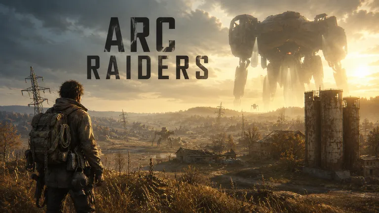 ARC Raiders - en raider med ryggsäck och gasmask blickar ut över ett övergivet landskap i motljus, där en gigantisk ARC-maskin svävar över horisonten mellan kraftledningsstolpar och rostiga silos