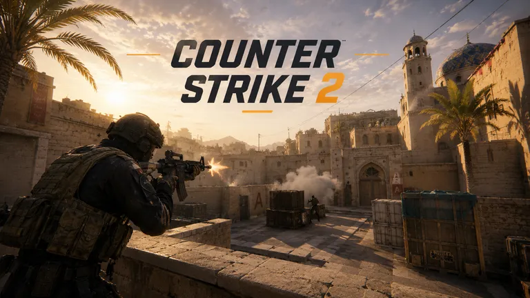 Counter-Strike 2 - en spelare siktar med gevär från en mur ner mot A-sajten i en soldränkt ökenstad med moské, palmer och rök över lådorna