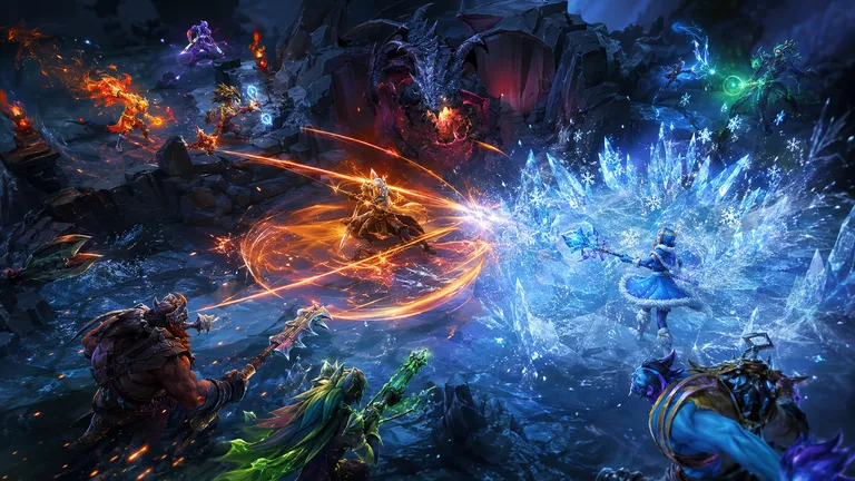 Dota 2 - tio hjältar drabbar samman mitt i en lagstrid, med eldmagi från ena laget som möter en vägg av is från det andra