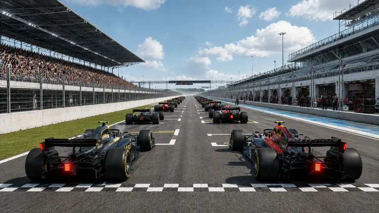 F1 25 - formelbilar uppställda på startrutan framför fullsatta läktare, redo för start