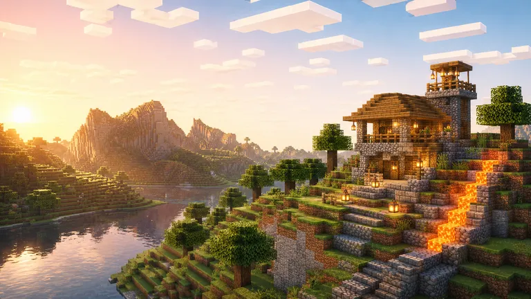 Minecraft-landskap i gryningsljus: ett bygge av sten och trä på en grön klippa med lyktor och lava, blockträd och berg speglade i en sjö