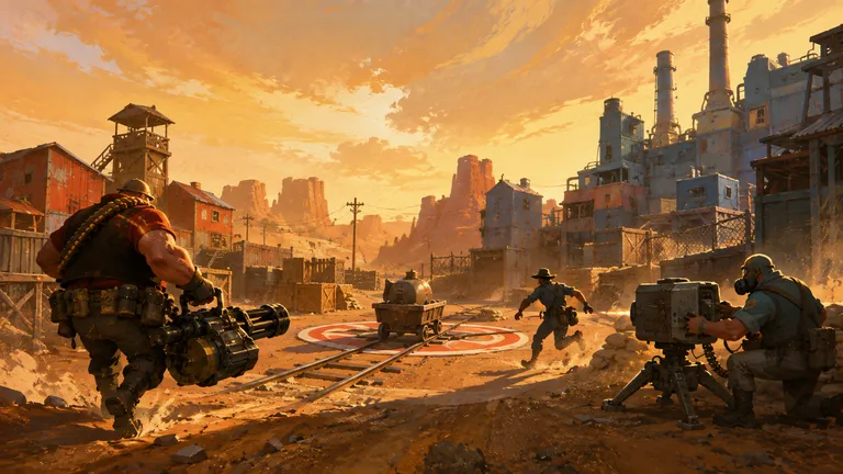 Team Fortress 2 - en tungt beväpnad mercenary rusar fram mot en gruvvagn med bomb i en soldränkt ökenbas, med det röda lagets träbyggnader till vänster och det blå lagets stålfabrik till höger