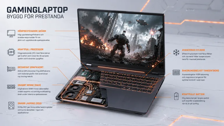 Tekniken i en gaminglaptop 2026 - GPU-effekt, VRAM, kylning, DLSS och panel i översikt