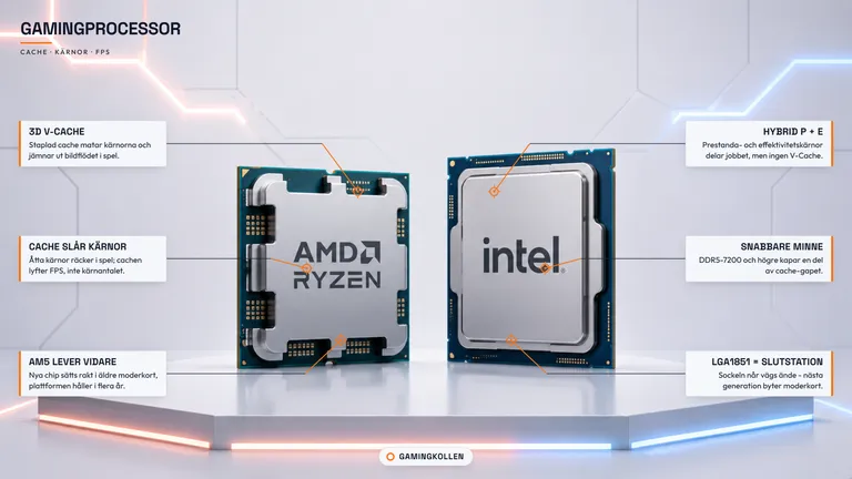 AMD Ryzen och Intel-processorer sida vid sida - cache, kärnor och FPS bakom en gamingprocessor 2026