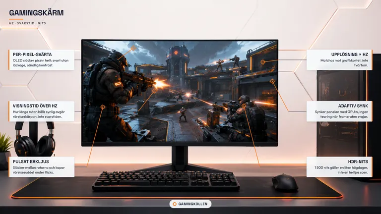 Gamingskärm med snabb FPS-scen, headset och rigg - rörelseskärpa, OLED-svärta och adaptiv synk i fokus, 2026