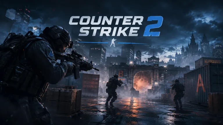 Counter-Strike 2 - operatörer stormar en regnig bombsite med A- och B-sajterna märkta på containrarna