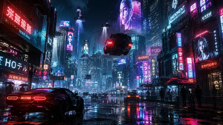 Cyberpunk 2077 - en regnig neon-storstad med flygande bilar, holografiska skyltar och en sportbil på den blöta gatan