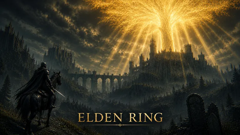 Elden Ring - en ryttare blickar mot det lysande Erdtree och en borg i ruinlandskapet i Lands Between