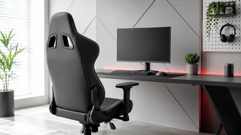 Gamingstol i svart konstläder vid ett skrivbord, sedd snett bakifrån med ryggstöd och armstöd i bild
